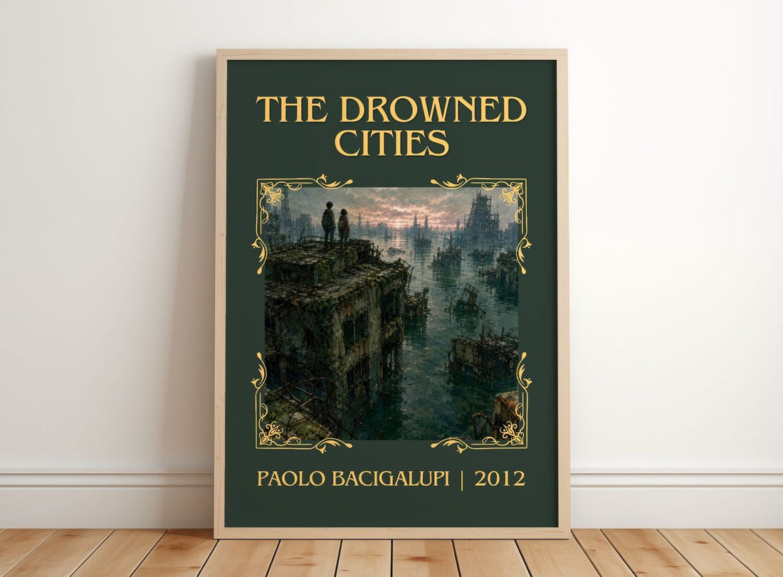 The drowned cities Classic Book Art Print by Paolo Bacigalupi – framed print leaning on a wooden floor