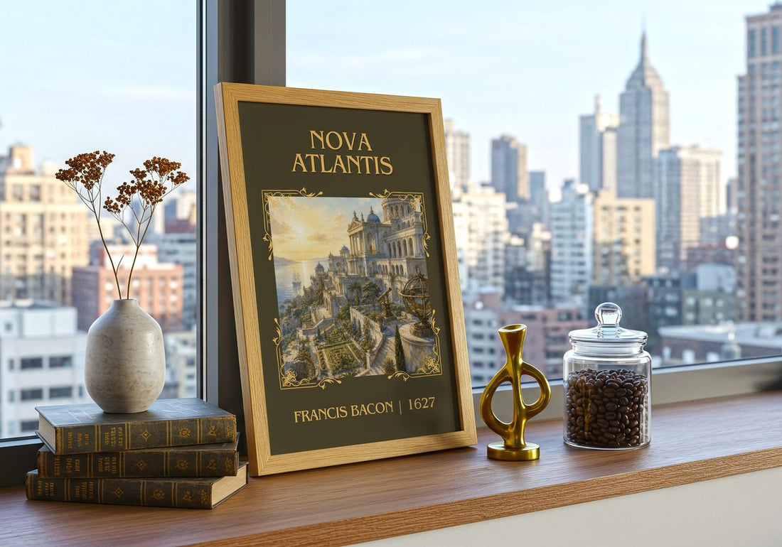 Nova Atlantis Classic Book Art Print by Francis Bacon – framed print on a city-view windowsill