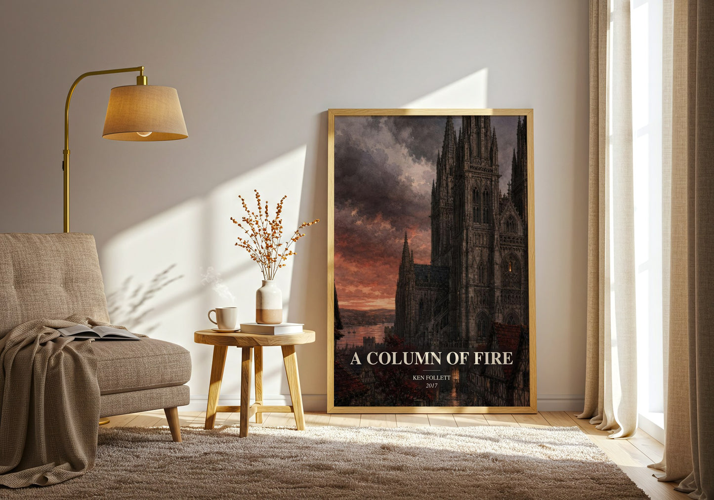 A Column Of Fire watercolour print in frame leaning in hallway – historical fiction wall art