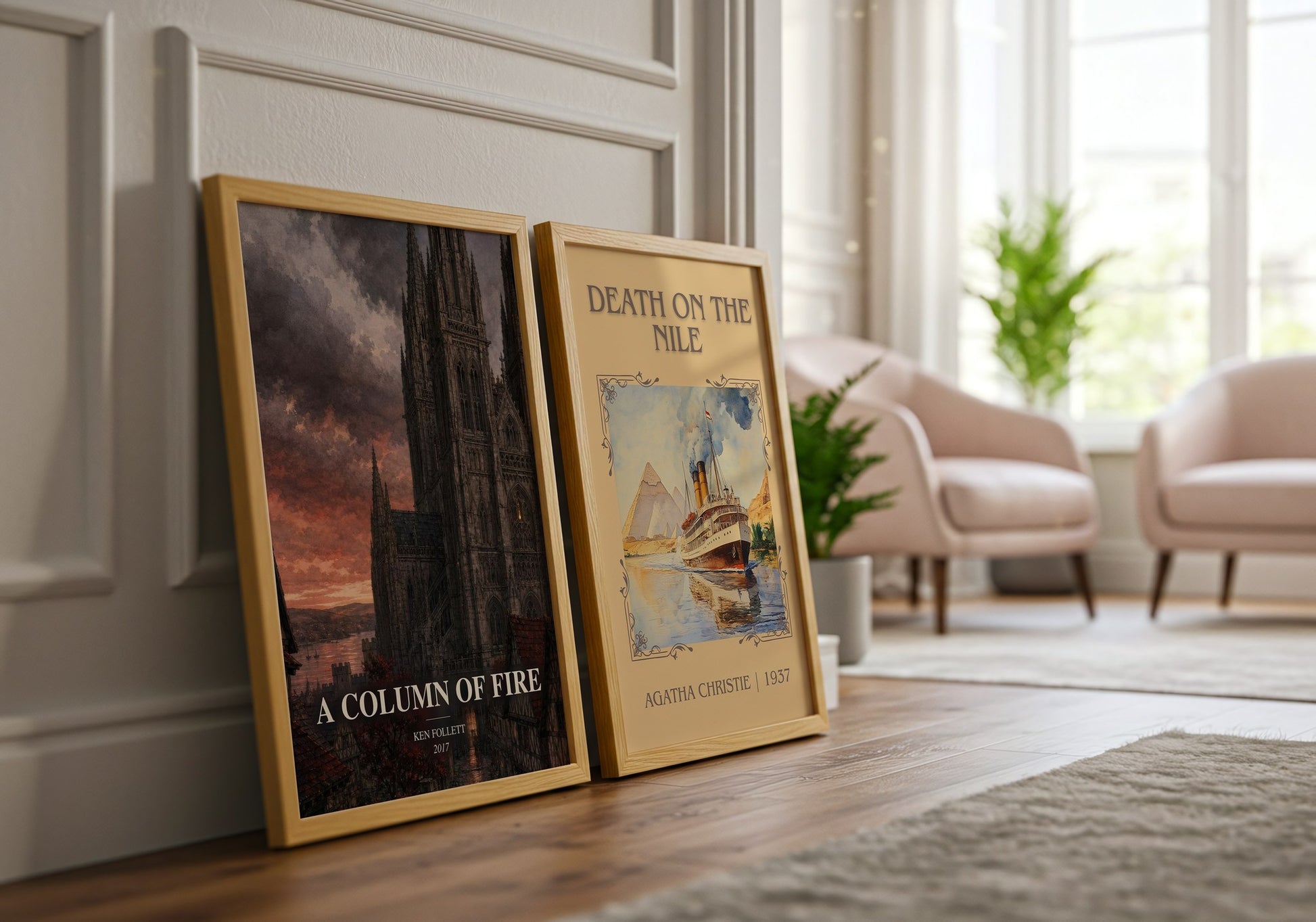 A Column Of Fire watercolour print framed by window – literary home decor