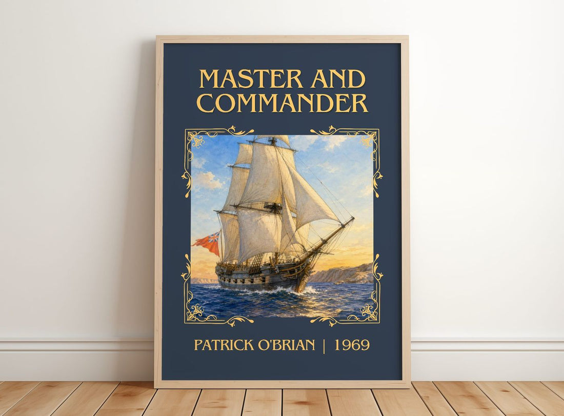 Master and Commander Classic Book Art Print by Patrick O'Brian – framed print leaning on a wooden floor