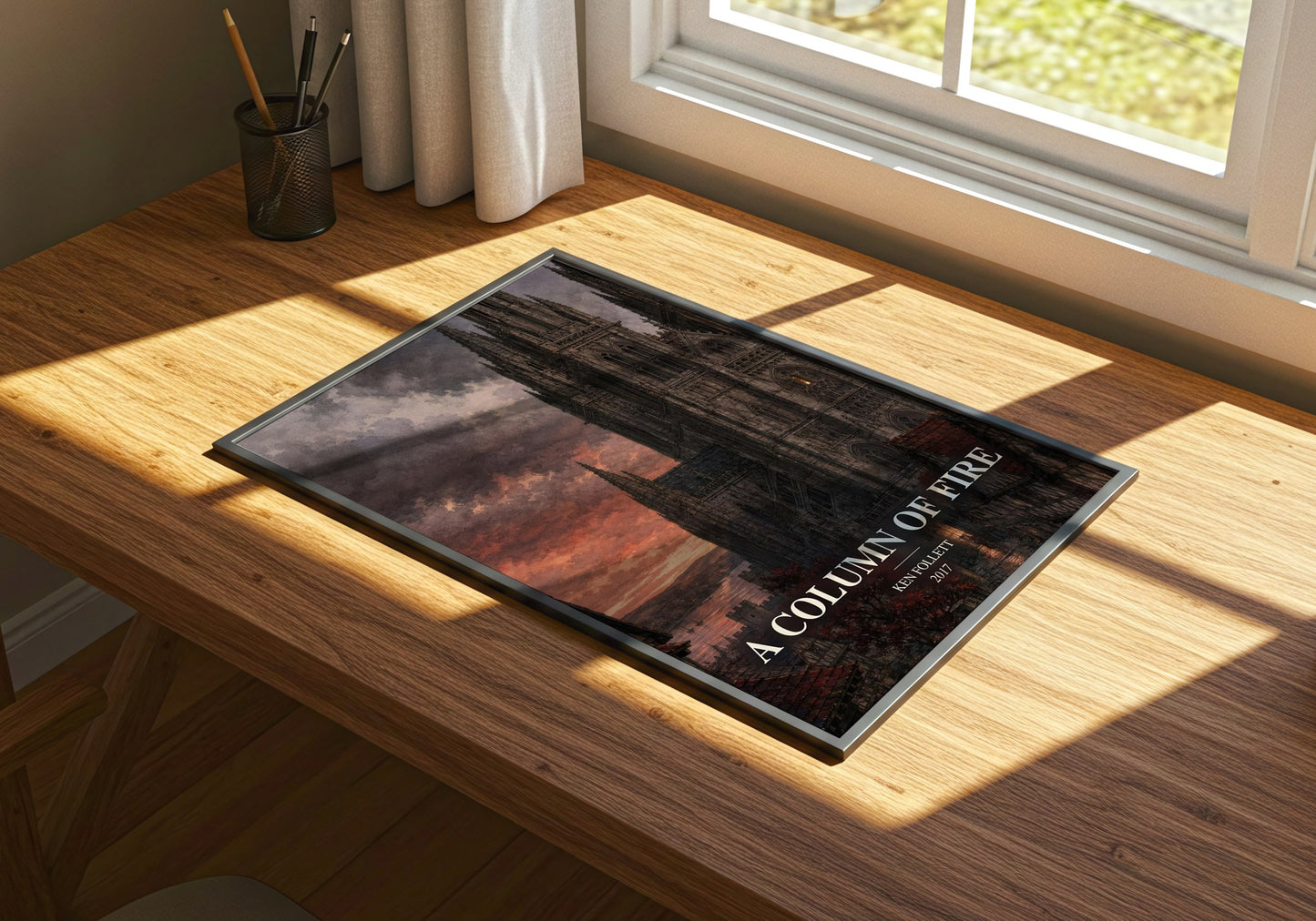 A Column Of Fire watercolour book poster framed on wall – historical fiction wall art