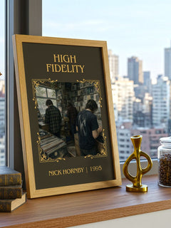 High Fidelity Classic Book Art Print by Nick Hornby – framed print on a city-view windowsill