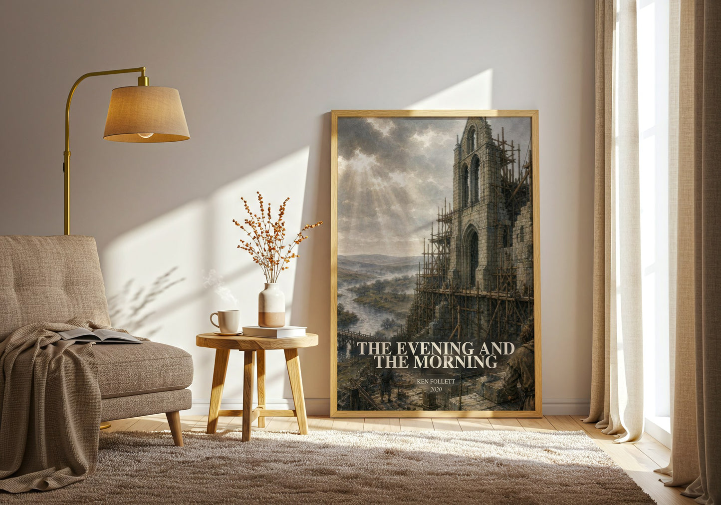The Evening And The Morning watercolour print in frame leaning in hallway – historical fiction wall art