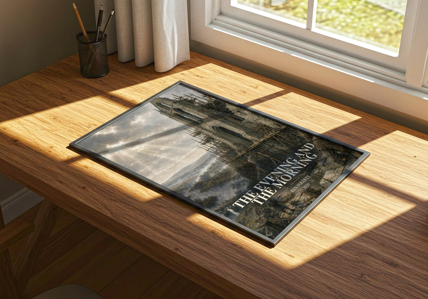 The Evening And The Morning watercolour book poster framed on wall – historical fiction wall art