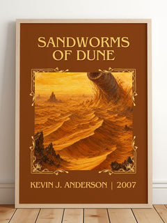 Sandworms of Dune Classic Book Art Print by Kevin J. Anderson – framed print leaning on a wooden floor