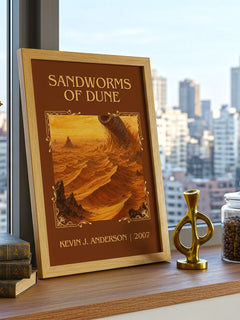 Sandworms of Dune Classic Book Art Print by Kevin J. Anderson – framed print on a city-view windowsill