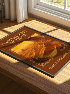 Sandworms of Dune Classic Book Art Print by Kevin J. Anderson – print on a sunlit desk