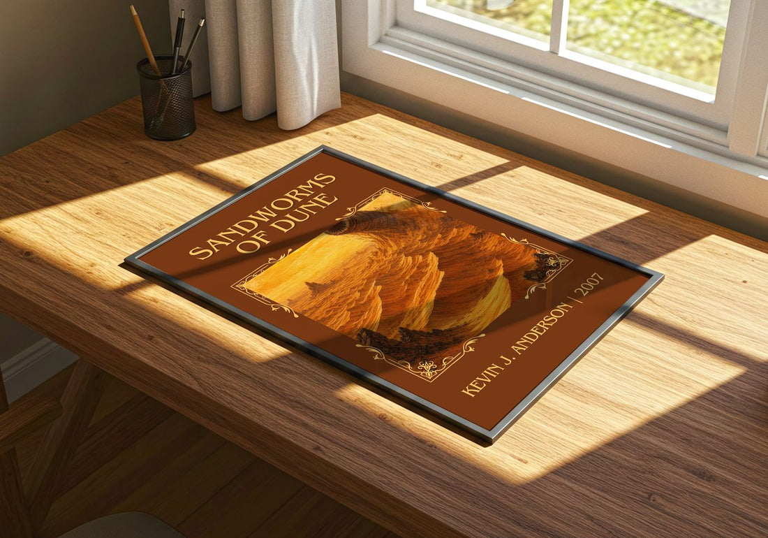 Sandworms of Dune Classic Book Art Print by Kevin J. Anderson – print on a sunlit desk