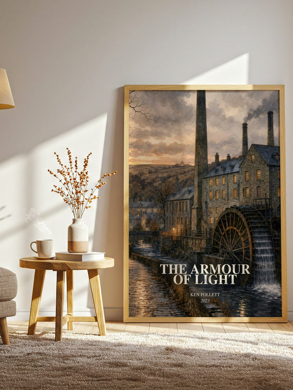 The Armour Of Light watercolour print in frame leaning in hallway – historical fiction wall art