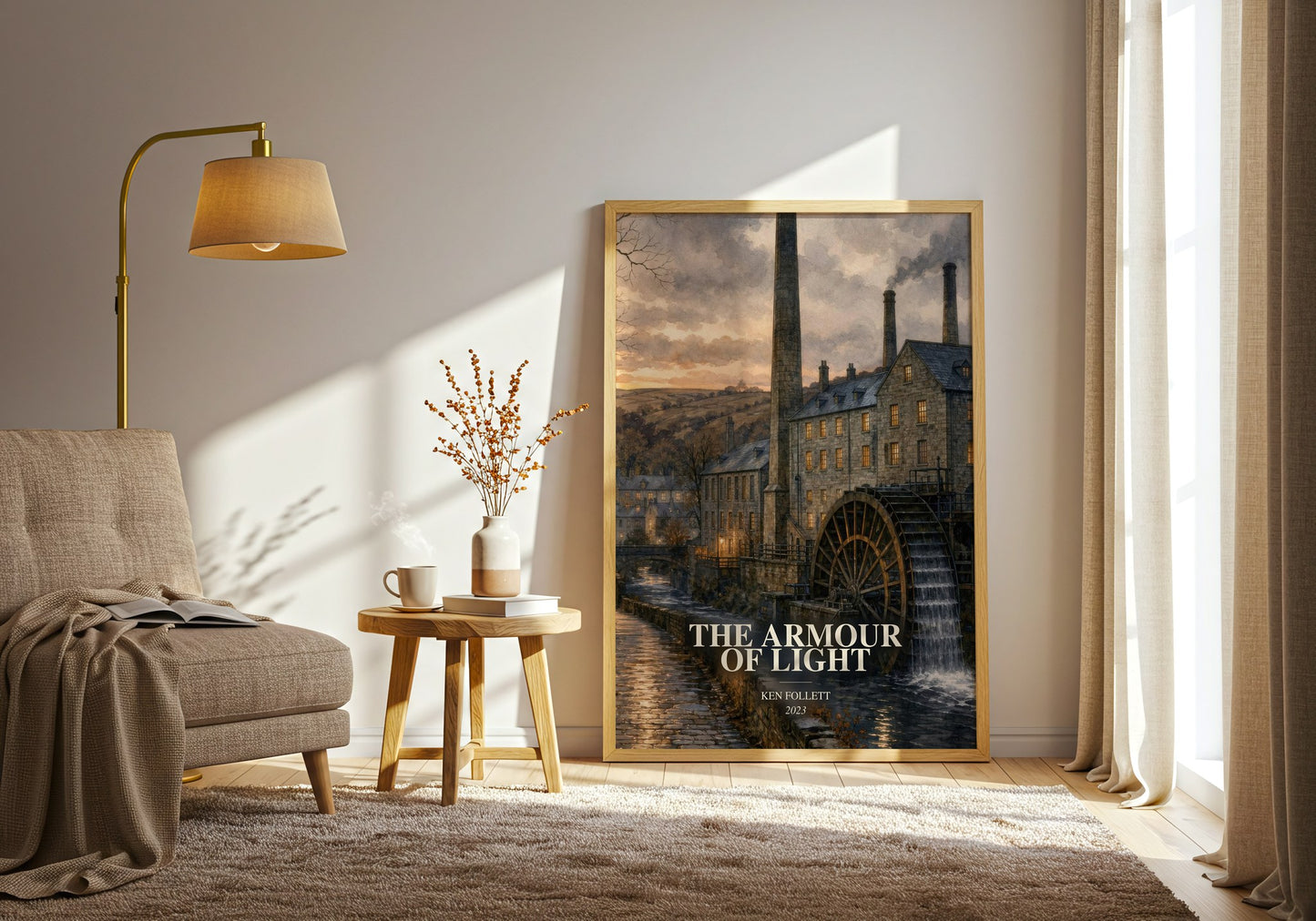 The Armour Of Light watercolour print in frame leaning in hallway – historical fiction wall art