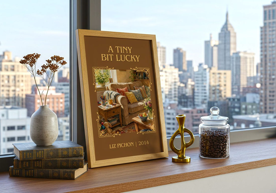 A Tiny Bit Lucky Classic Book Art Print by Liz Pichon – framed print on a city-view windowsill