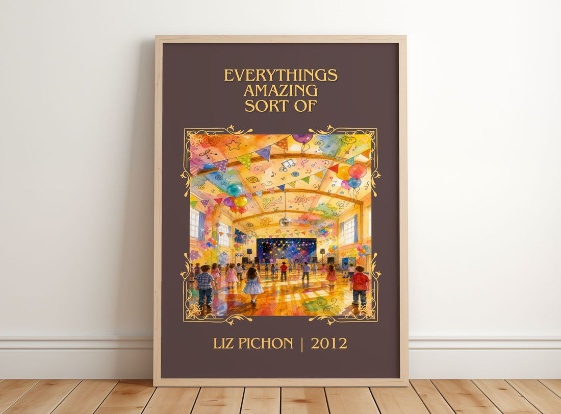 Everythings Amazing Sort Of Classic Book Art Print by Liz Pichon – framed print leaning on a wooden floor