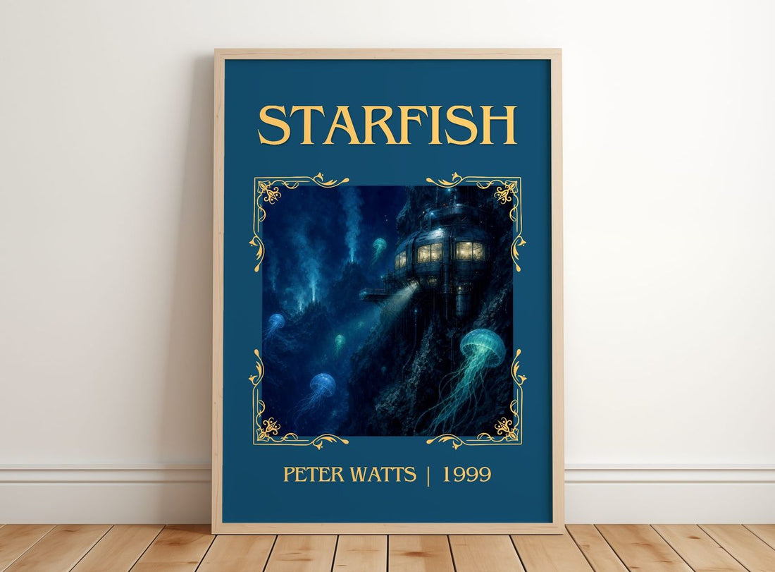 Starfish Classic Book Art Print by Peter Watts – framed print leaning on a wooden floor