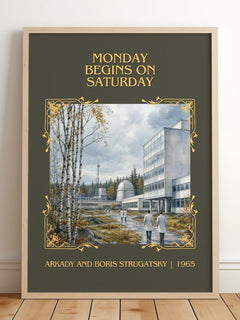 Monday Begins on Saturday Classic Book Art Print by A. Strugatsky – framed print leaning on a wooden floor