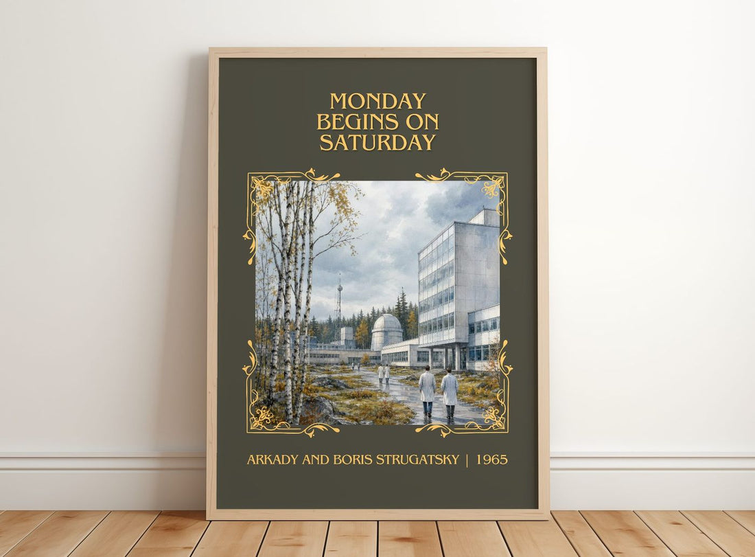 Monday Begins on Saturday Classic Book Art Print by A. Strugatsky – framed print leaning on a wooden floor