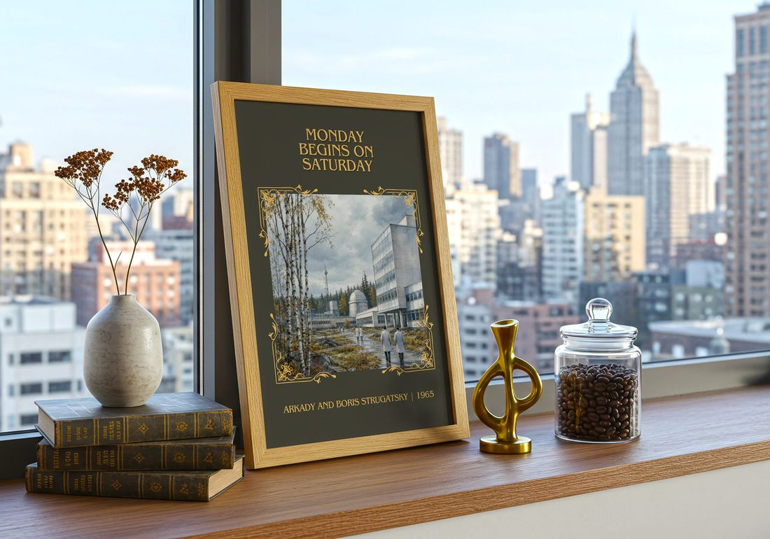 Monday Begins on Saturday Classic Book Art Print by A. Strugatsky – framed print on a city-view windowsill