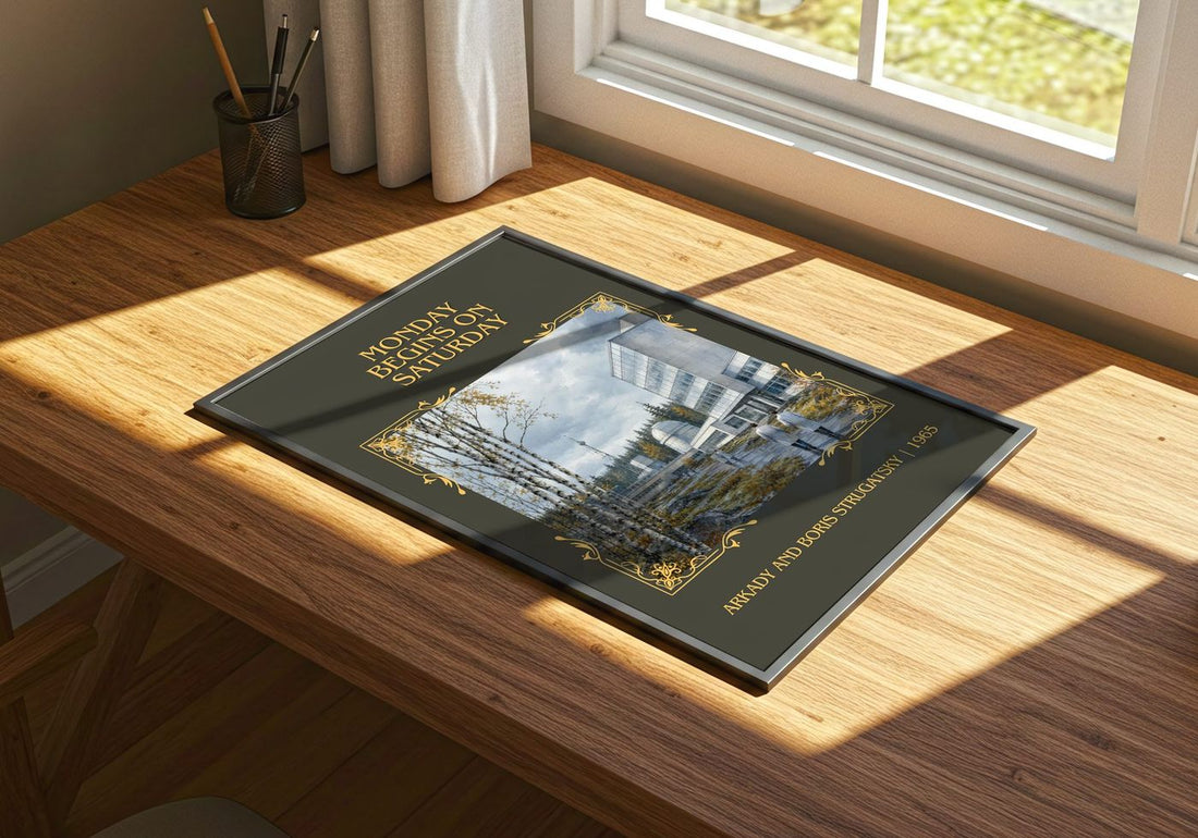 Monday Begins on Saturday Classic Book Art Print by A. Strugatsky – print on a sunlit desk
