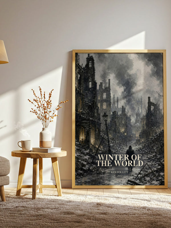 Winter Of The World watercolour print in frame leaning in hallway – historical fiction wall art