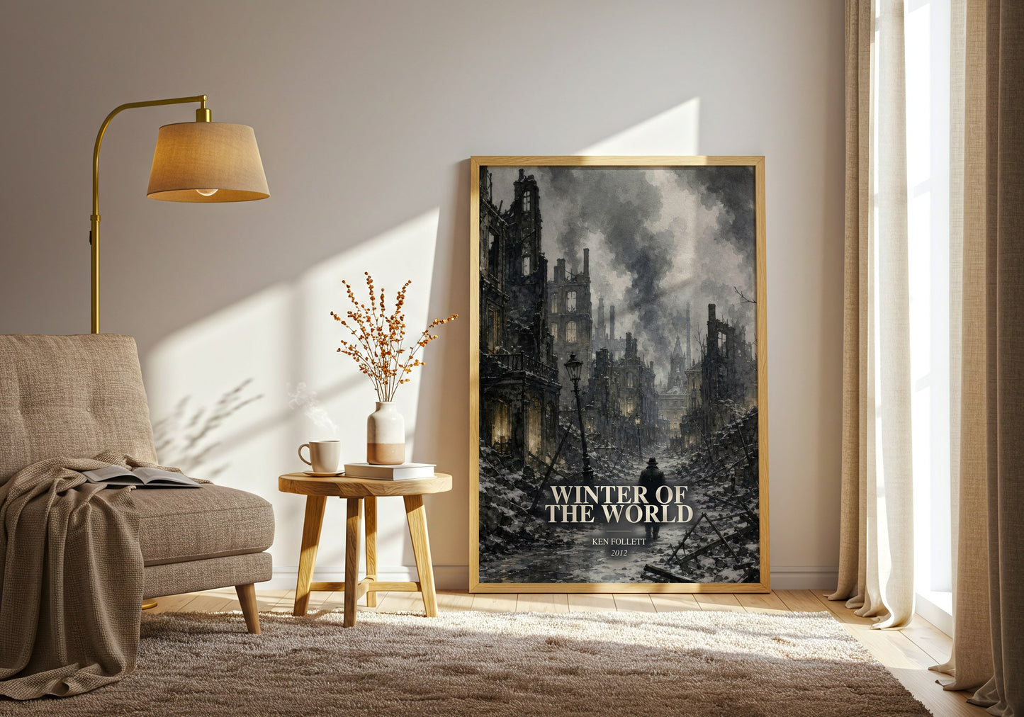 Winter Of The World watercolour print in frame leaning in hallway – historical fiction wall art