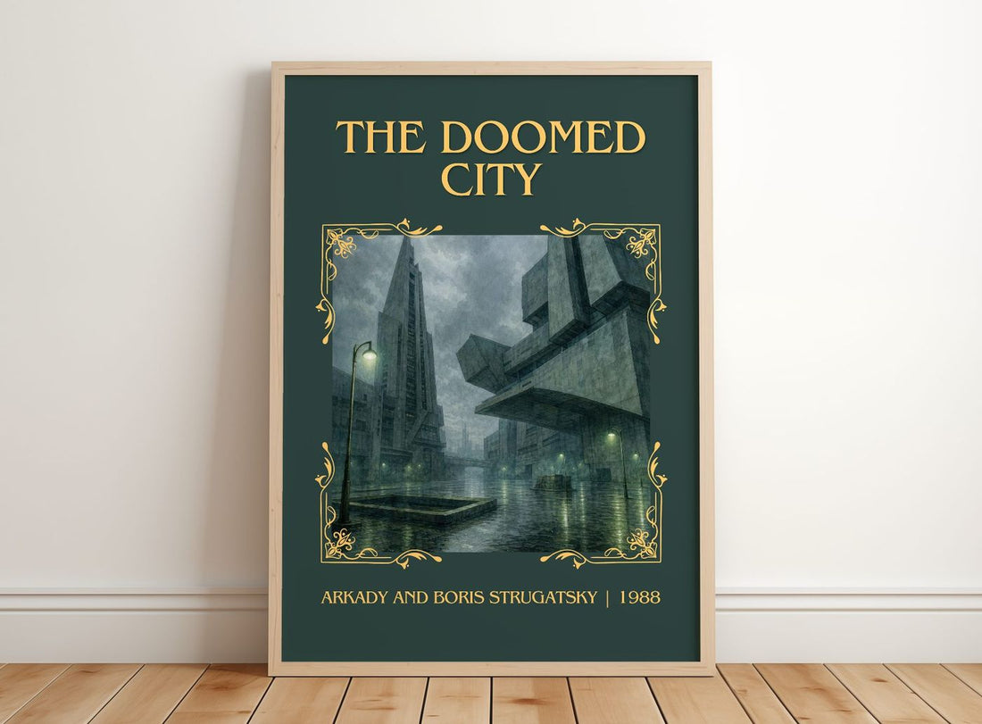 The Doomed City Classic Book Art Print by Arkady and Boris Strugatsky – framed print leaning on a wooden floor