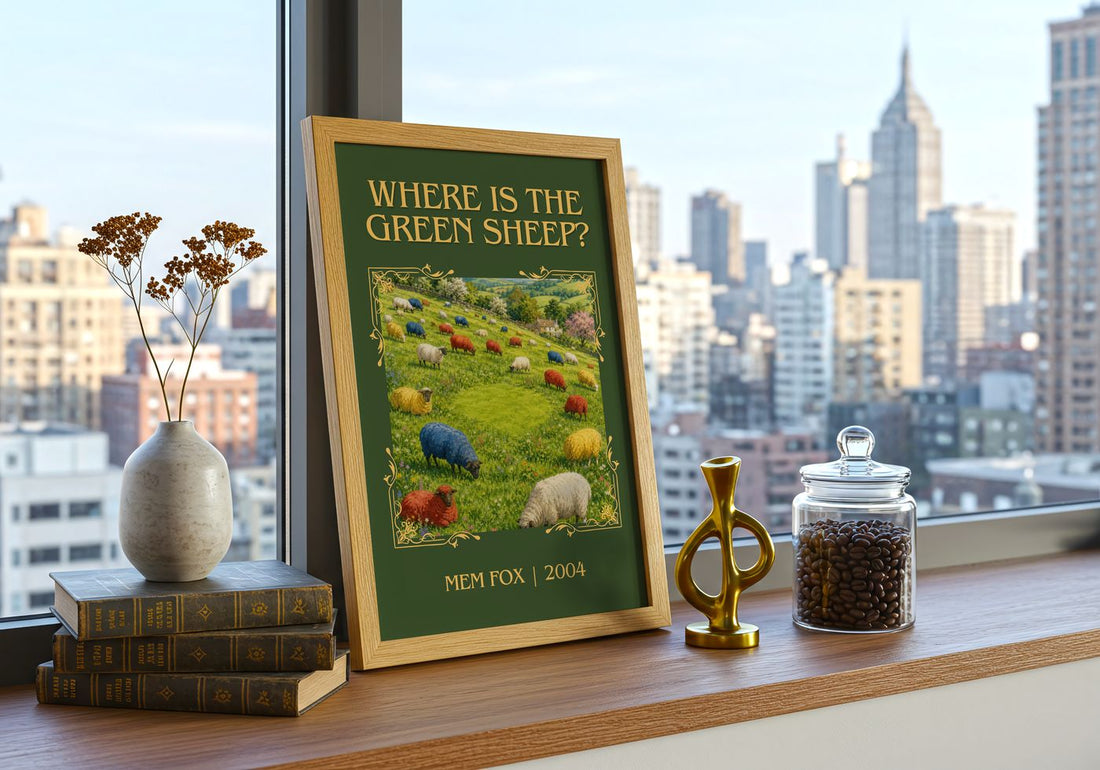 Where is the green sheep? Classic Book Art Print by Mem Fox – framed print on a city-view windowsill