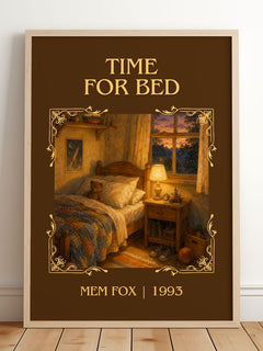 Time for Bed Classic Book Art Print by Mem Fox – framed print leaning on a wooden floor