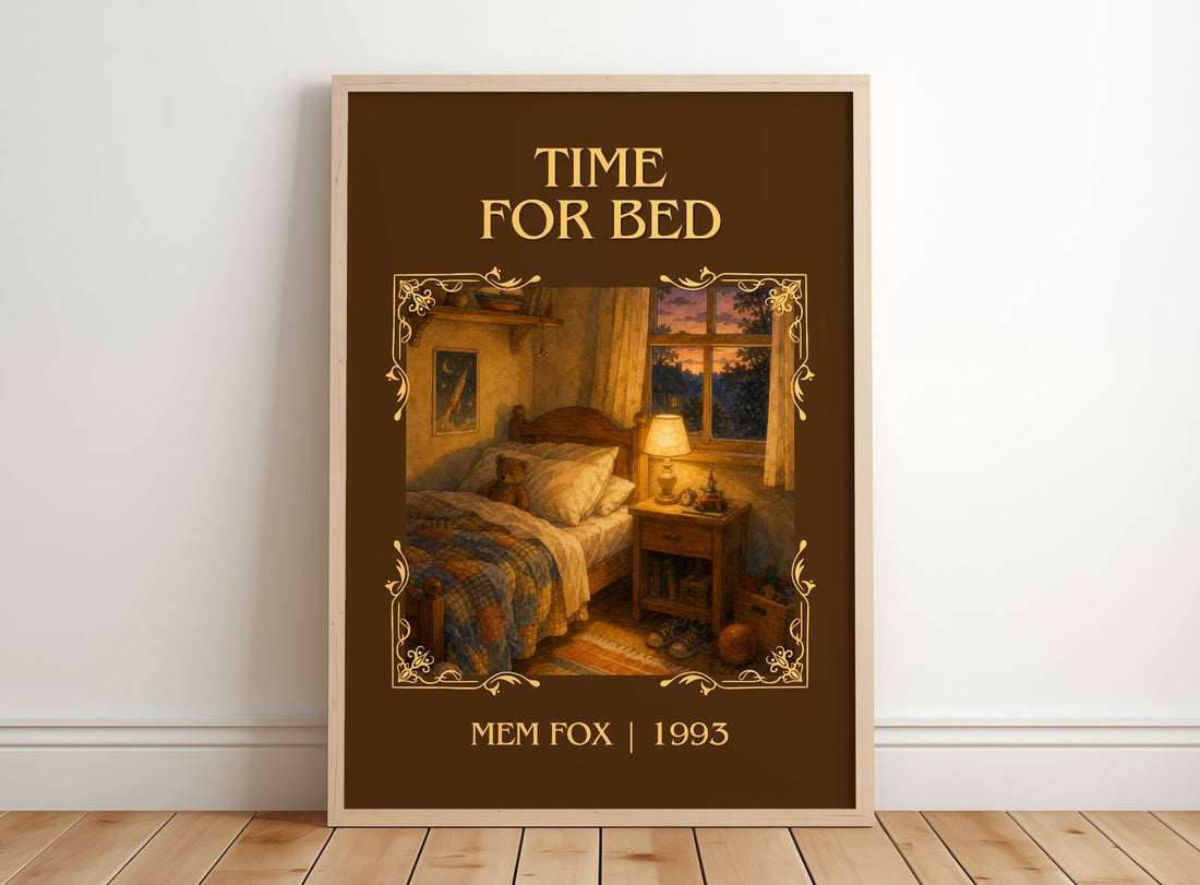Time for Bed Classic Book Art Print by Mem Fox – framed print leaning on a wooden floor
