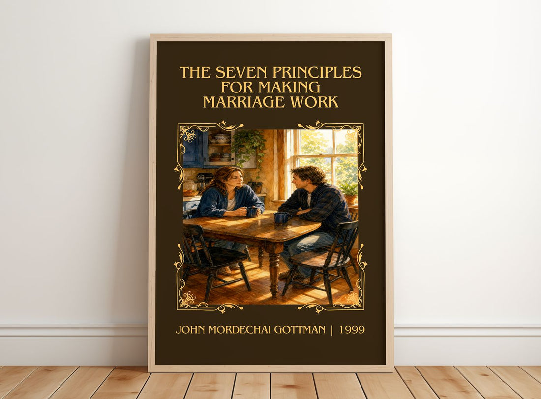 The seven principles for making marriage work Classic Book Art Print by John Mordechai Gottman – framed print leaning on a wooden floor
