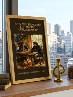 The seven principles for making marriage work Classic Book Art Print by John Mordechai Gottman – framed print on a city-view windowsill