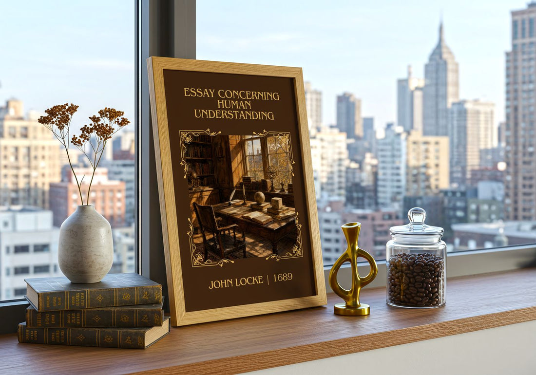Essay concerning human understanding Classic Book Art Print – framed print on a city-view windowsill