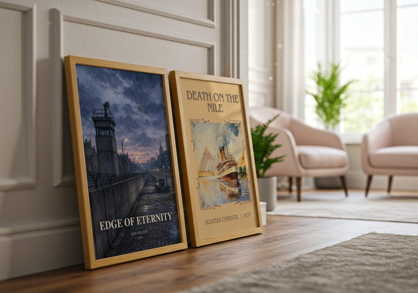 Edge Of Eternity watercolour print framed by window – literary home decor