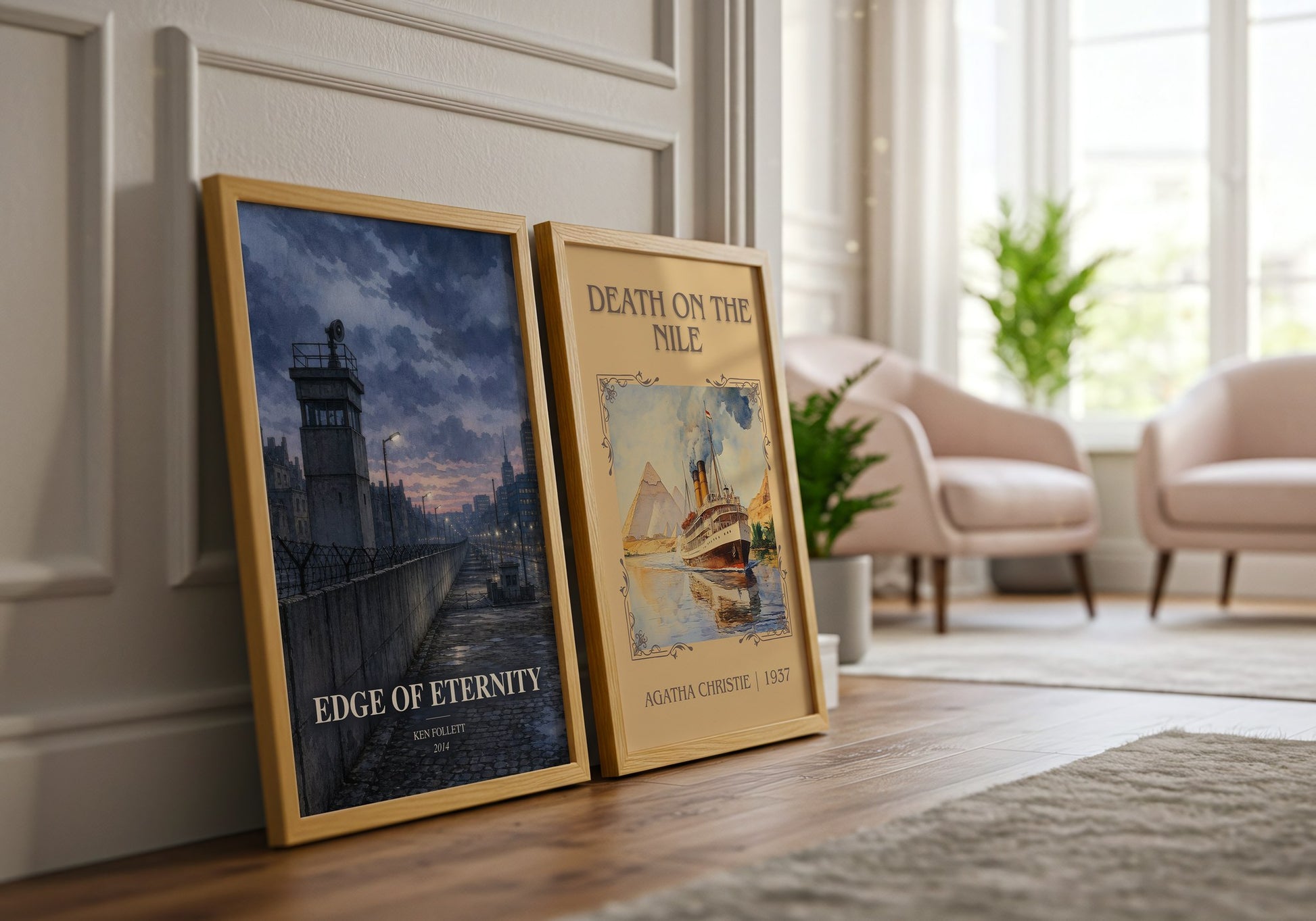 Edge Of Eternity watercolour print framed by window – literary home decor