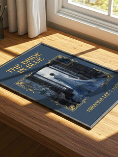The Bride In Blue Classic Book Art Print by Miranda Lee – print on a sunlit desk