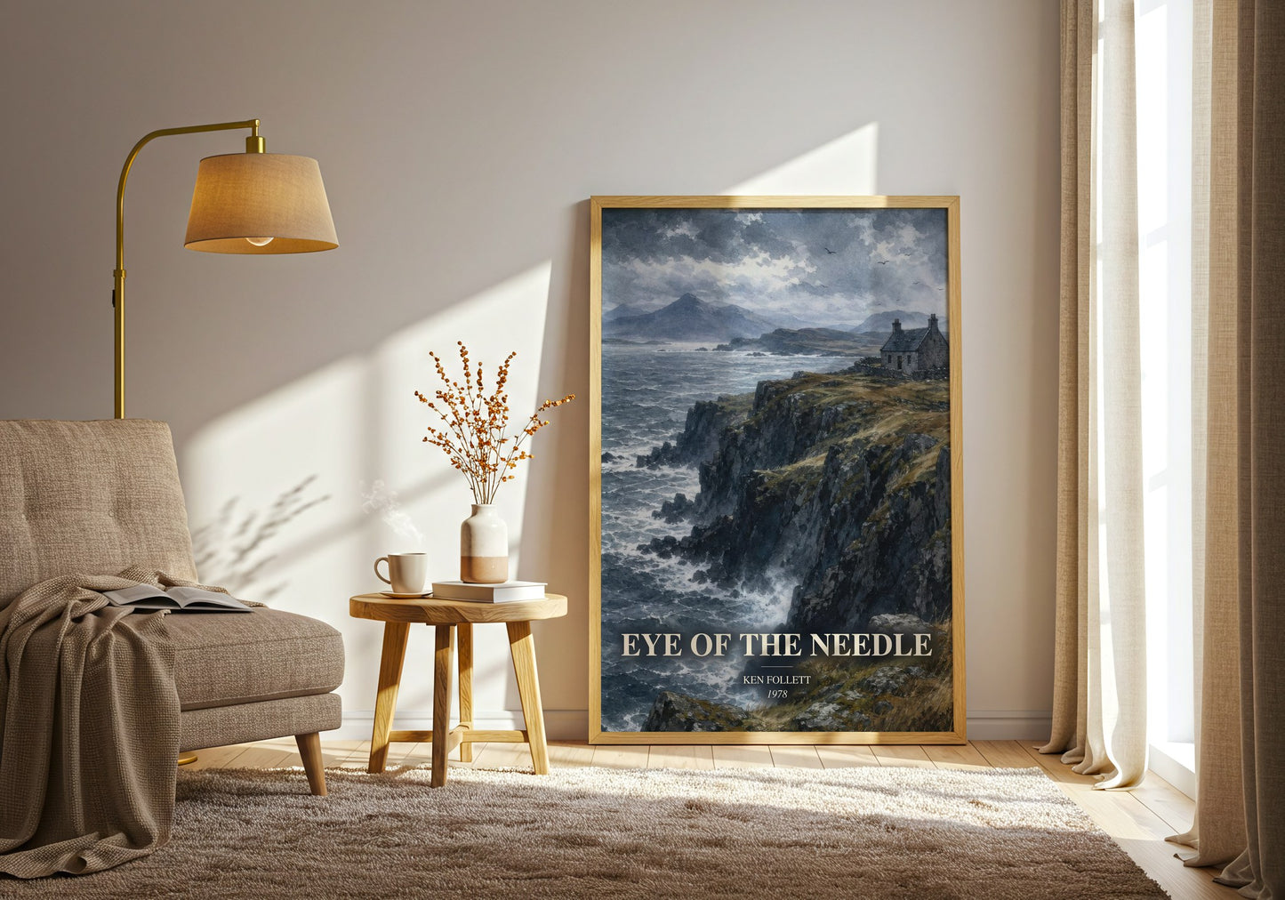 Eye Of The Needle watercolour print in frame leaning in hallway – thriller wall art