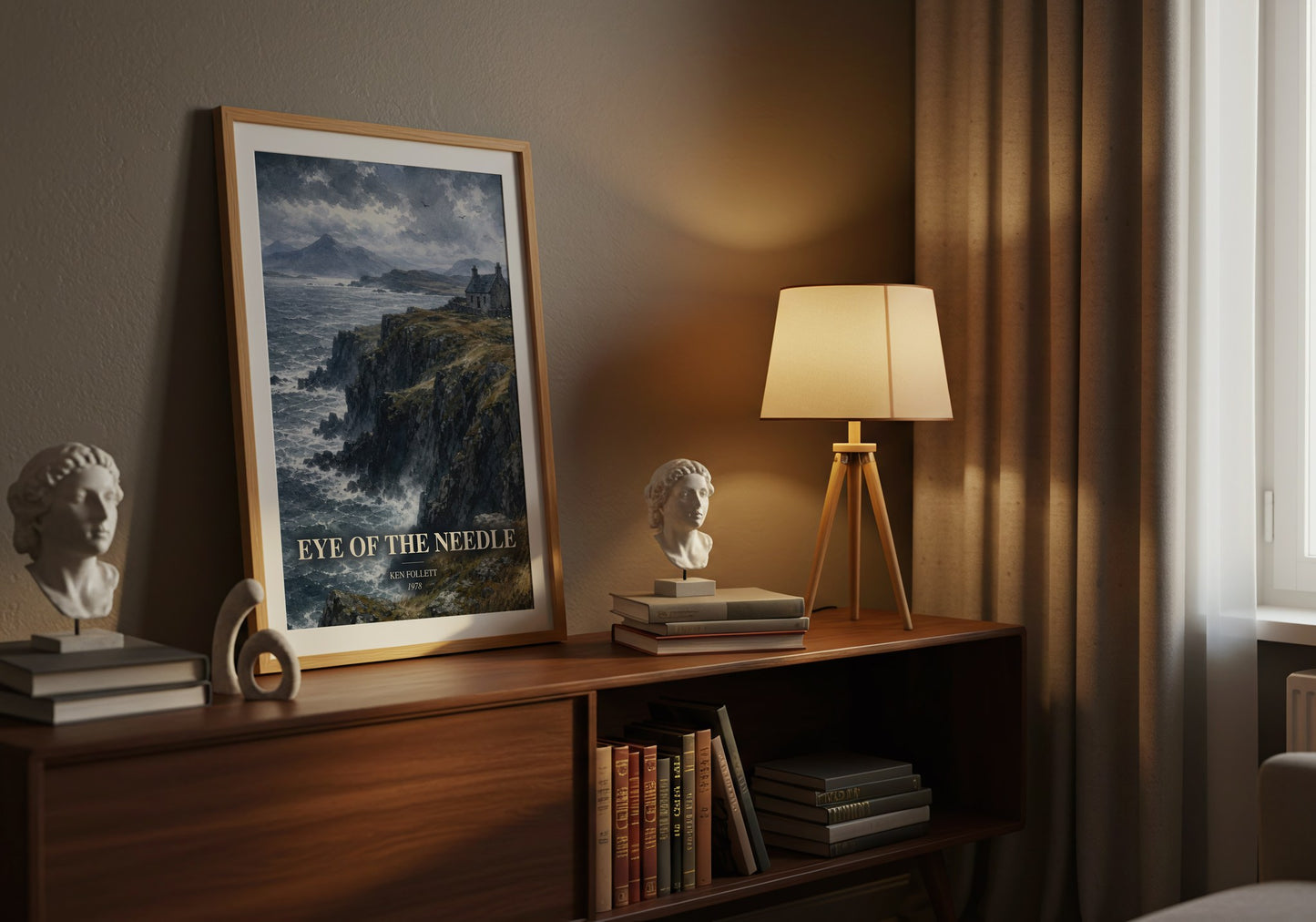 Eye Of The Needle watercolour print on bookshelf – Ken Follett fan gift