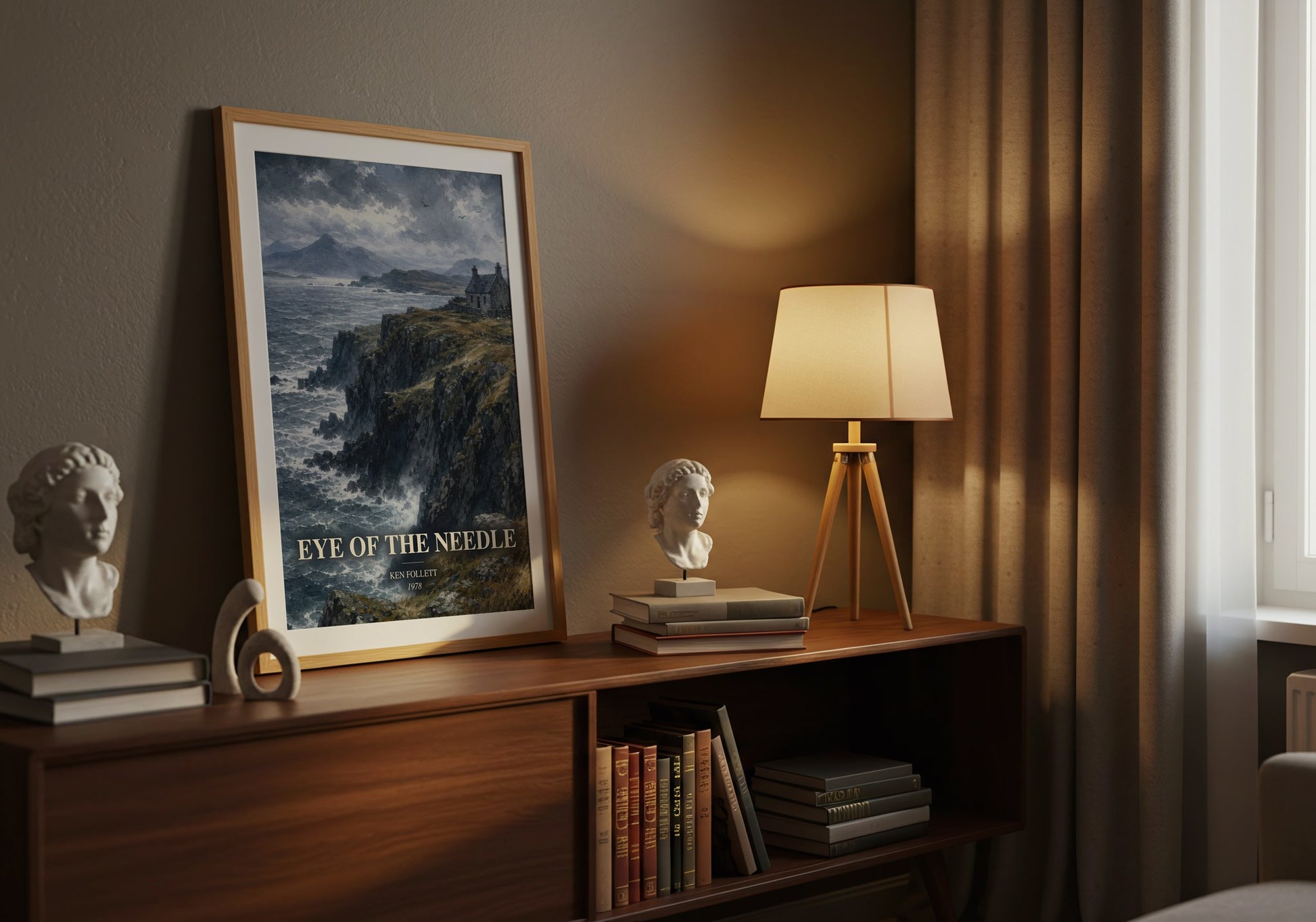 Eye Of The Needle watercolour print on bookshelf – Ken Follett fan gift