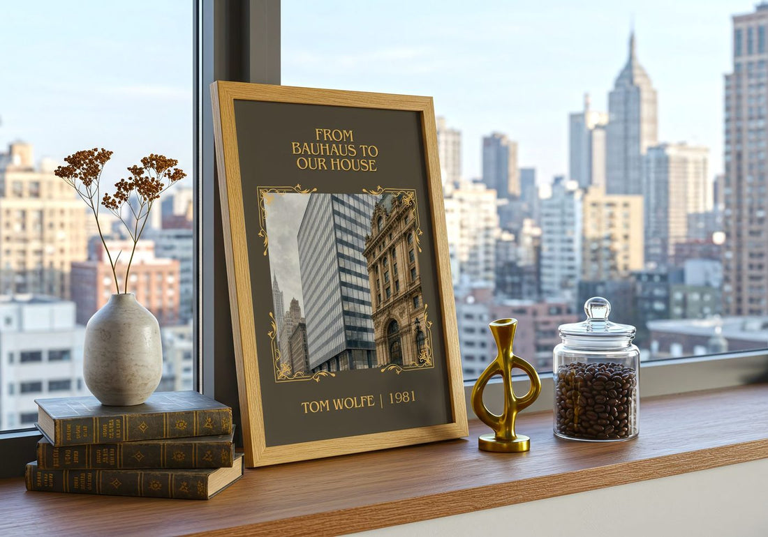 From Bauhaus to our house Classic Book Art Print by Tom Wolfe – framed print on a city-view windowsill