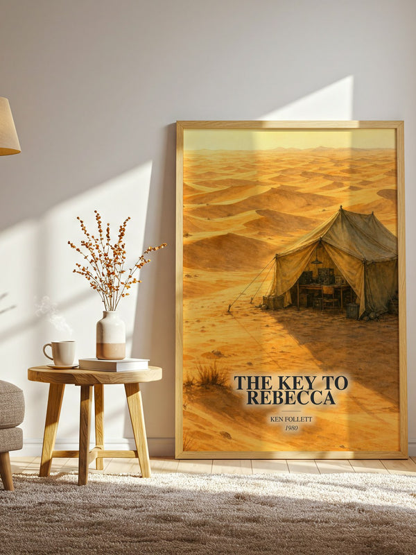 The Key To Rebecca watercolour print in frame leaning in hallway – thriller wall art
