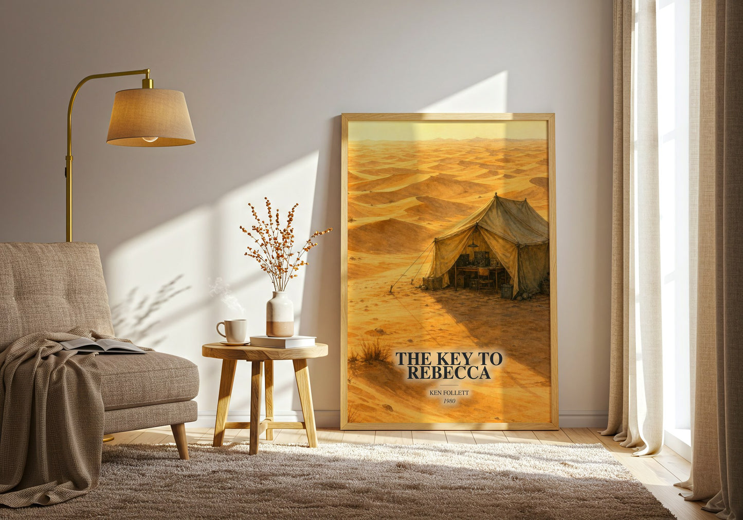 The Key To Rebecca watercolour print in frame leaning in hallway – thriller wall art