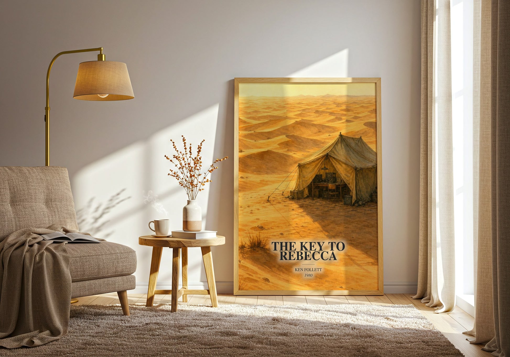 The Key To Rebecca watercolour print in frame leaning in hallway – thriller wall art