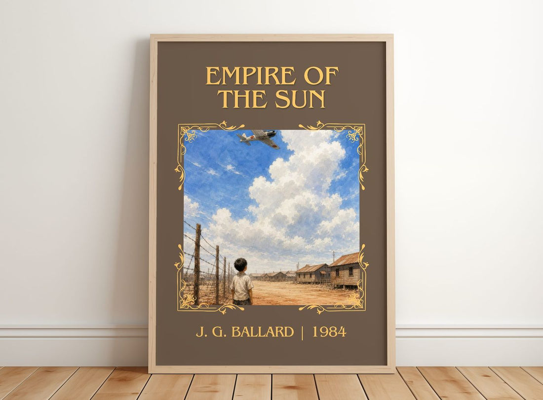 Empire of the Sun Classic Book Art Print by J. G. Ballard – framed print leaning on a wooden floor