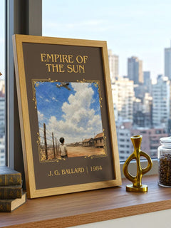 Empire of the Sun Classic Book Art Print by J. G. Ballard – framed print on a city-view windowsill