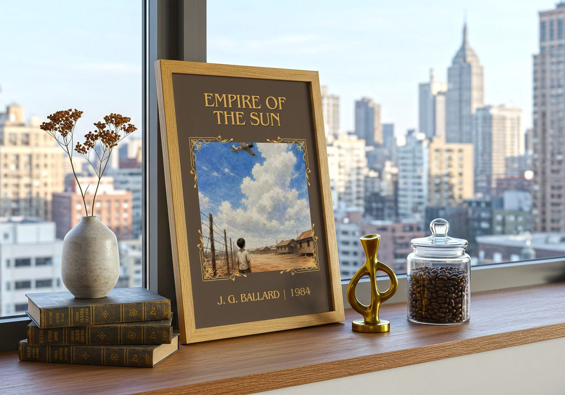 Empire of the Sun Classic Book Art Print by J. G. Ballard – framed print on a city-view windowsill