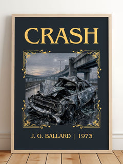 Crash Classic Book Art Print by J. G. Ballard – framed print leaning on a wooden floor