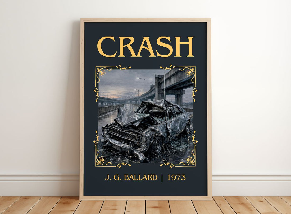 Crash Classic Book Art Print by J. G. Ballard – framed print leaning on a wooden floor
