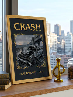 Crash Classic Book Art Print by J. G. Ballard – framed print on a city-view windowsill