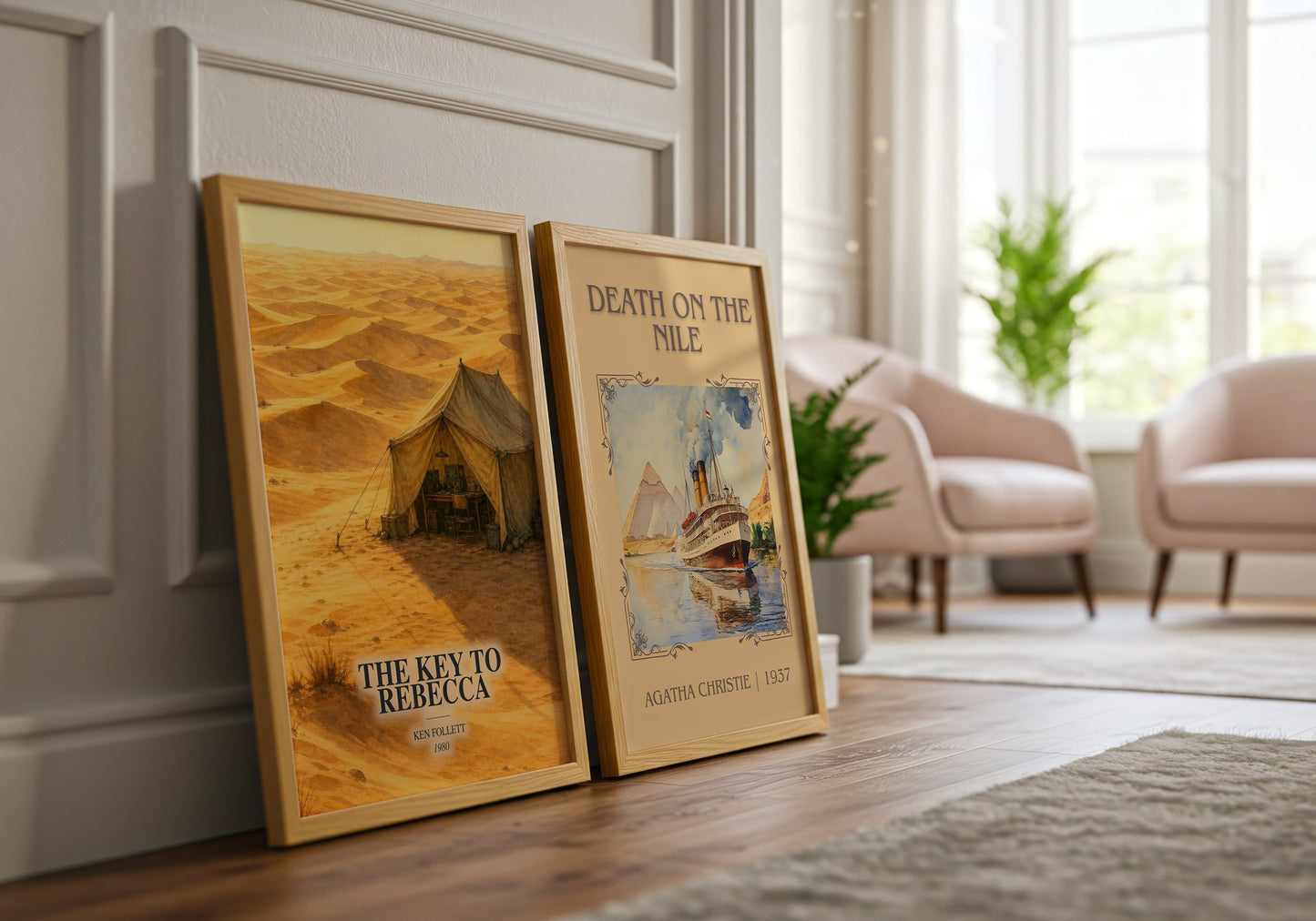 The Key To Rebecca watercolour print framed by window – literary home decor