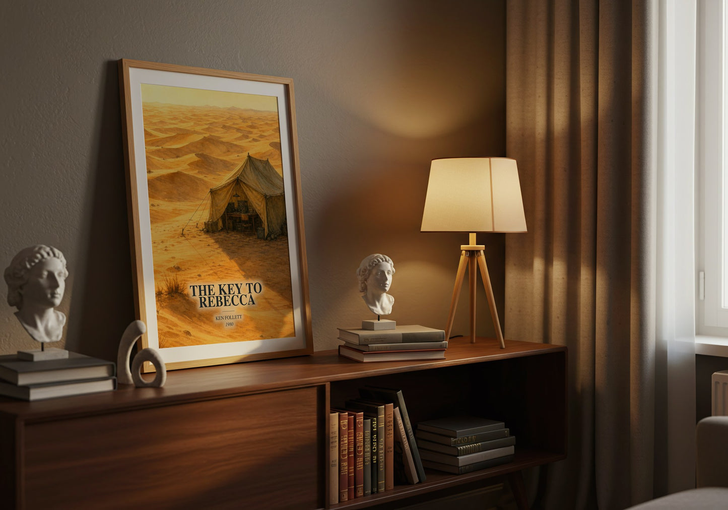The Key To Rebecca watercolour print on bookshelf – Ken Follett fan gift