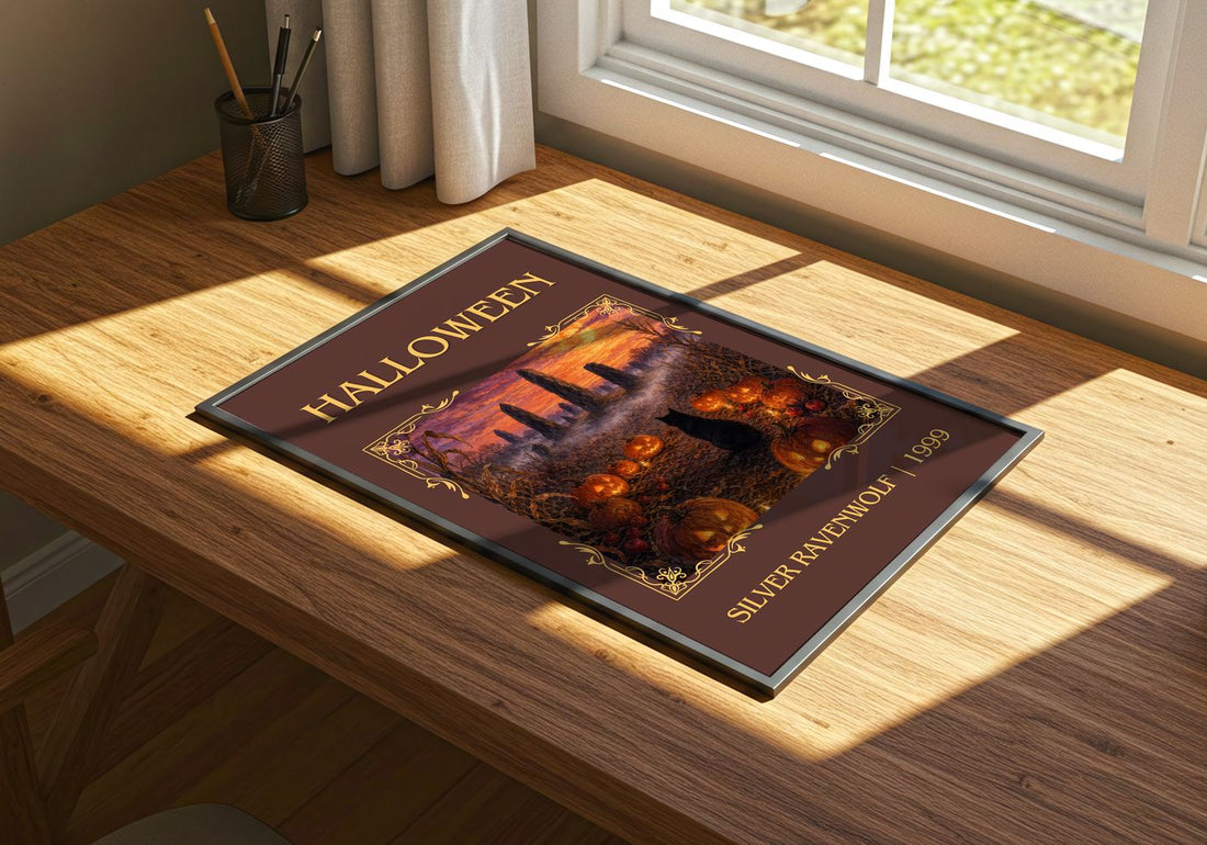 Halloween Classic Book Art Print by Silver Ravenwolf – print on a sunlit desk
